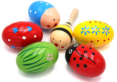 SPADORIVE Set of 6 - 5PCS Adorable Wooden Egg Maracas Musical Colorful Percussion Easter Egg Shakers(Assorted Color) & 1 PCS Mini Wooden Ball Musical Instruments Maracas(Random Color)