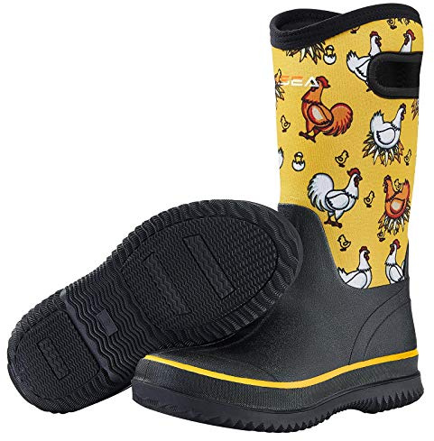 HISEA Chicken Boots, Women Neoprene Barn Boot Rain Shoes Rubber Garden Shoes Waterproof Mid Calf Mud Boots for Outdoor Farm Work, Yellow Chicken, Size 11