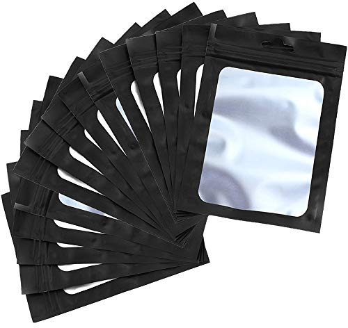 100 delar folie Ziplock väskor återförslutningsbara Mylar matlagringsväskor med klart fönster (svart, 10 x 15 cm)
