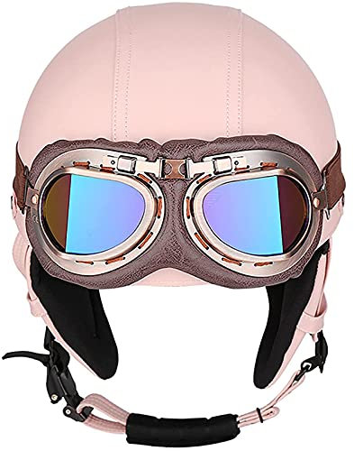Adult Unisex Open Face Motorcycle Helmets Retro Locomotive Motorbike Half Shell Helmet for Men Women Moped Scooter Jet Helmet DOT/ECE Approved Summer Light Half Helmet with Glasses,Pink,L