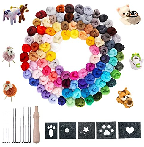 Allazone 115 Stück Filzen Set Nadelfilz Set, 100 Farben Wolle Roving Schafwolle DIY Filzwolle Märchenwolle mit Wollnadel Filzwerkzeuge für DIY Handwerk Home Dekoration Handspinning Projekte
