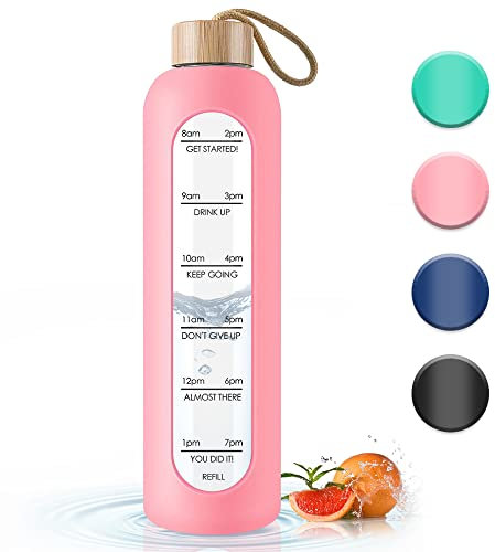 Gistome Trinkflasche Glas 1 Liter mit Zeitmarkierungen – 1 Liter auslaufsichere Sportglas-Wasserflasche mit Bambusdeckel für Sport, Freizeit, 1000 ml, wiederverwendbare, bruchsichere Silikonhülle, Gla