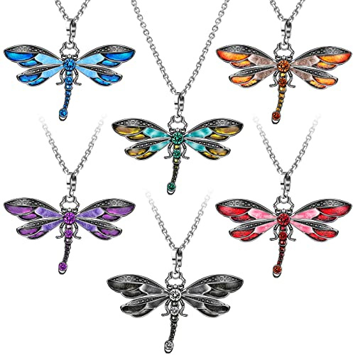 Sureio 6 Pcs Dragonfly Necklace for Women, Enamel Pendant,Dragonfly
