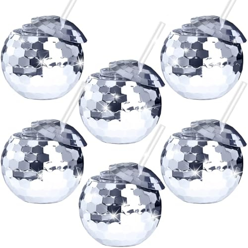 oneant 6 Pieces Disco Wine Cups Reusable Disco Flash Ball Cocktail Cup with Lid & Straw Party Supplies Wine Cocktail Glass Drinking Syrup Tea Bottle for Nightclub Bar Party, Silver