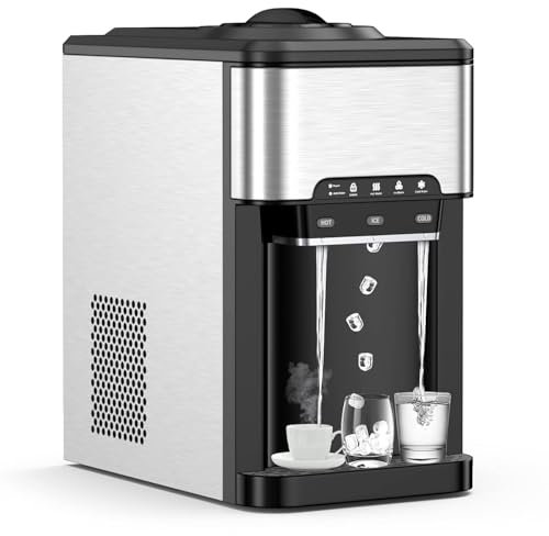 RELAX4LIFE Máquina de Hielo de Acero Inoxidable de 18 kg/24h con Dispensador de Agua Fría 2,5L, Agua Caliente 0,8L y Depósito 3L, Máquina de Cubitos de Hielo con Pantalla LCD para Hogar y Oficina