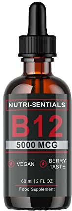 Vitamin B-12 Liquid Drops - 5000 mcg Methylcobalamin High Strength Supplement, for Increasing Metabolism, Immunity, Energy and Improving Concentration & Mood - Vegan Berries Flavour, 60ml