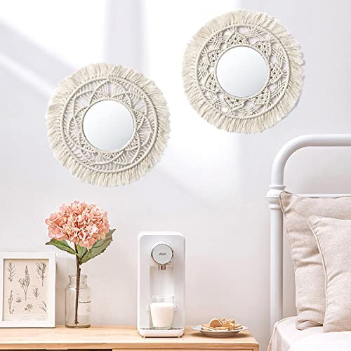2er-Set Hängender Wandspiegel mit Makramee Fringe, Boho Spiegel Runden Gewebten Wandbehang Deko, Decorative Spiegel Wanddeko für Wohnung, Zuhause, Kinderzimmer, Schlafzimmer, Wohnzimmer, Dekoration