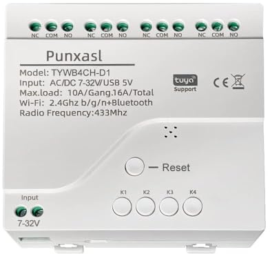 Punxasl Tuya Relais Inching Momentané WiFi 4 Canaux, USB 5V AC/DC 7-32V Relais D'approche Momentané 3 Modes Interrupteur à Contact Sec Compatible Alexa/Google Assistant/IFTTT