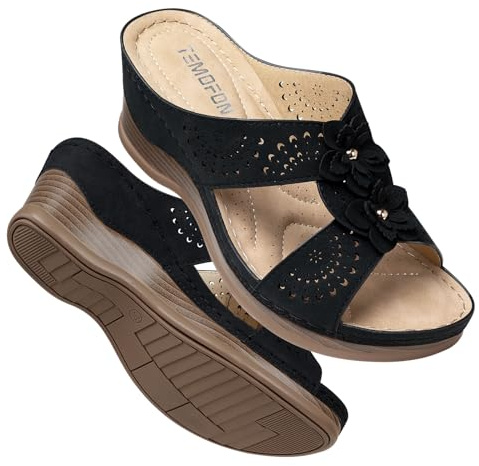 TEMOFON Womens Wedge Sandals Leather: Casual Dressy Women Black Summer Platform Wedge Sandals Slip on Low Heels Comfortable Walking Size 8
