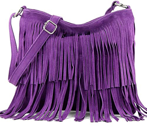 Kitise Womens Bright Colour Real Italian Suede Leather Fringe Shoulder Handbag Ladies Across Body Messenger Side Bag (Purple)