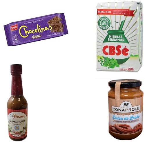 Ensemble alimentaire Argentine Boemy | Yerba Mate Herbes Serranas CBSé 500 g, Sucré au lait pâtissier Mardel 450 g, 1 paquet de biscuits Chocolinas et Chimichurri Picante Doña Petrona