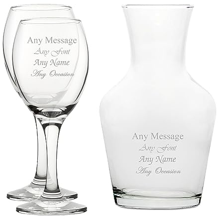 Personalised Engraved Set of 2 Pure Wine Glass and 1 Litre Vin Carafe Set, Customise with Any Message for Any Occasion, Stylize from a Variety of Fonts, Gift Boxes Included, Laser Engraved