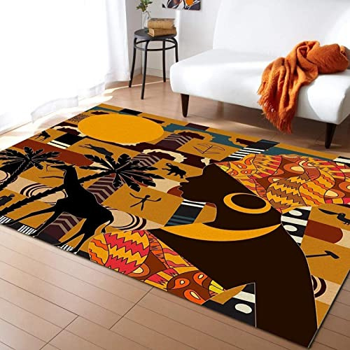TEMLAN Afrikanische Weibliche Tanzkultur Teppiche Gegend, Kokosnussbaum-Giraffe-Elefant Kinderteppich für Drinnen und Draußen Terrasse Balkon Garten Wohnzimmer 80 x 150cm