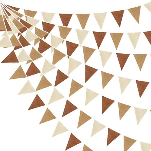 32Ft Vintage Linen Brown Bunting Banner Party Decorations Jute Fabric Triangle Flag Burlap Pennant Hessian Garland Streamers for Brown Boho Teddy Bear Theme Birthday Wedding Fall Baby Shower Decor