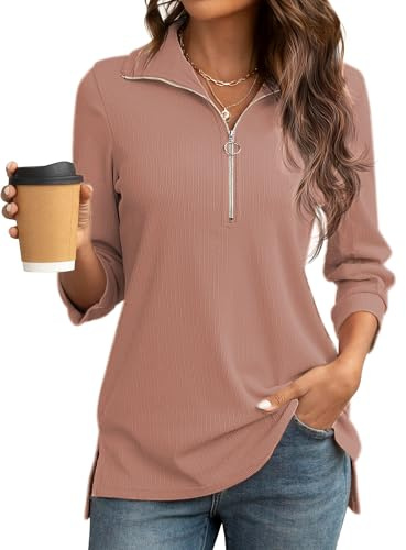 Cuptacc Bluse Damen V-Ausschnitt 3/4 Ärmel Shirt Half Zip Design Langarm Oberteile Tunika Damen
