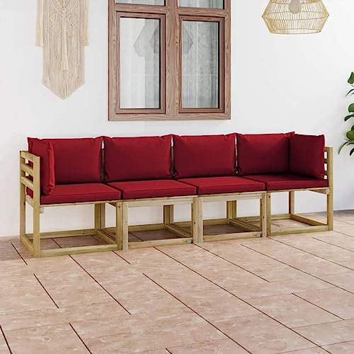 BUKSCYJS GartenmöBel Set,Gartentisch Ausziehbar,Sonnenliege4-Sitzer-Gartensofa Mit Weinroten Kissengeeignet FüR Garten, Terrasse, Wohnzimmer, BüRo, Outdoor