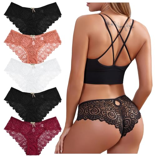 Zhiaek Lot de 5 Culotte Dentelle Sexy pour Femme String Femme Sexy Chic Tanga sous Vêtements Féminins Lingerie Shorties Hipster Stretch Slips Ultra Minces