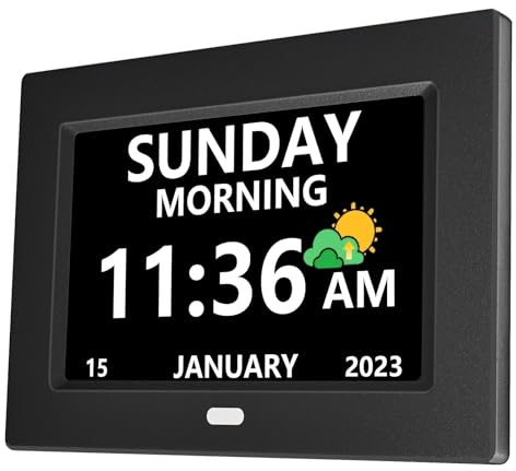LXBYJKJ 7 Inch Digital Clock with Day and Date for Elderly Alzheimer's Clock Customizable Alarms 3 Display Modes Large Font Alarm Clock for Seniors Auto DST Black