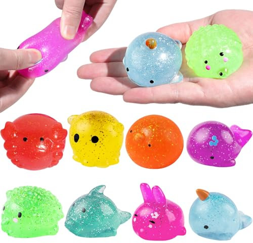Dncvb 8 Stück Squishy Kawaii Set, Mochi Squishy Toys, Glitter Anti Stress Bälle, Tiere Squeeze Spielzeug Stressbälle für Kinder und Erwachsene Geburtstag Geschenke ADHD Autismus