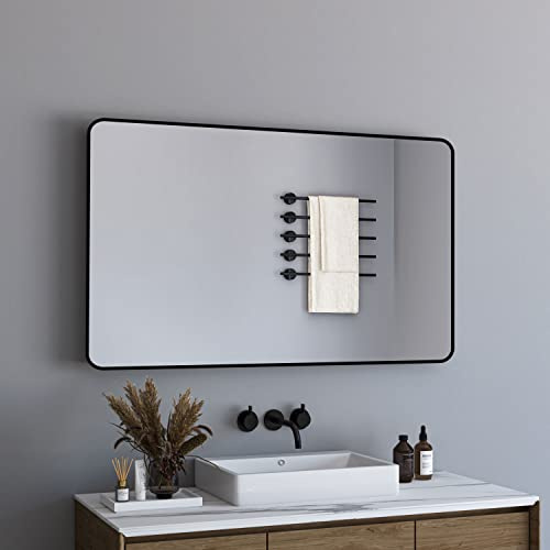 BD-Baode Wandspiegel 70x120 cm Schwarz Metallrahmen Wandspiegel Badspiegel Ohne Beleuchtung rechteckig Spiegel für Bäder, Schlafzimmer, Toiletten(Design mit Abgerundeten Ecken)