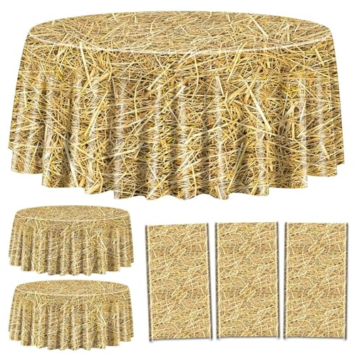Stroh-Tischdecke, rund, 213cm, wasserdicht, Bauernhof-Tischdecke, Heustapel für Bauernhof-Party-Dekorationen, Cowboy-Western-Mottoparty-Zubehör, 3 Stück