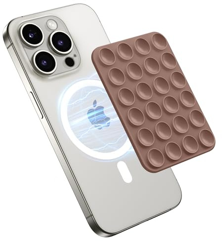GONEZ Magnetic Suction Cup Phone Mount, Hands-Free Silicone Grip Holder Compatible with iPhone MagSafe Case, Mirror Shower Stand for Selfies and Videos, Brown