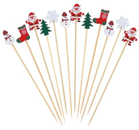 ENLACE Weihnachten Cocktailspieße,100 Stück Spieße Fingerfood Weihnachten,Weihnachten Holzspieße Cocktail Party Deko,Weihnachten Holz Zahnstocher,Schneemann Cocktail Sticks,Weihnachten Obstspieße