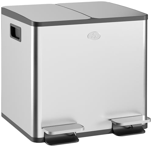 HOMCOM Poubelle de cuisine double, 2 x 15L, poubelle à pédale en acier inoxydable, 2 couvercles à fermeture douce, seaux intérieurs amovibles et poignées anti-empreintes digitales 41,7x36,6x43,2cm
