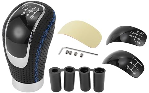 TUCKBOLD 9.5cm Shift Knob Black Blue PU Leather 6 Speed 1 Set | Gear Shifter Knob, with 4 Adapter, Manual Transmission Vehicle