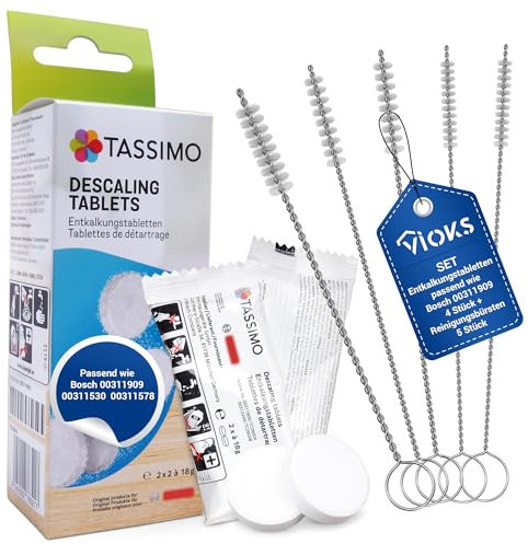 VIOKS Juego de 4 pastillas descalcificadoras para 2 aplicaciones, repuesto para pastillas descalcificadoras Bosch Siеmens 311909 + 5 cepillos de limpieza, limpiador antical con cepillos para cafeteras