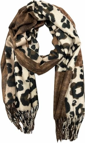 Jeamis XXL Leopard Farbverlauf Herbst Schal Winter Schal Stola Tuch Übergangsschal Wolle Baumwolle mit Fransen Leo