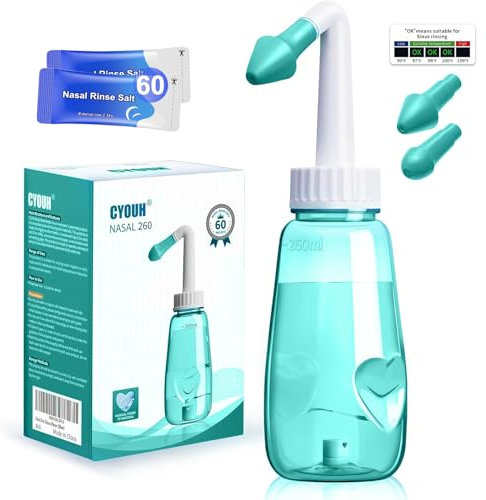 CYOUH Sinus Rinse Kit, Neti Pot 260 ml, with 60 Packets Nasal Wash Salt, Nasal Wash Nose Rinsing Cleanse Bottle for Adults, and with Allergic Rhinitis （Green）
