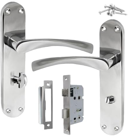 Polished Chrome Twist Bathroom Door Handle Set – Interior Latch Lever on Long Backplate – Available 1 or 2 Pairs, Optional Bathroom Sash Lock (1 Pair of Bathroom Handles + Bathroom SASH Lock)