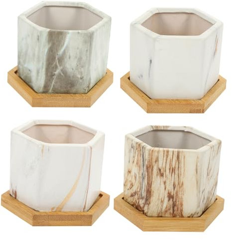 KONTONTY Lot De 4 Pots De Fleurs en Céramique À Motif De Marbre avec Plateau De Drainage pour Plantes Dintérieur Et Pot Dorchidées pour Décoration Intérieure