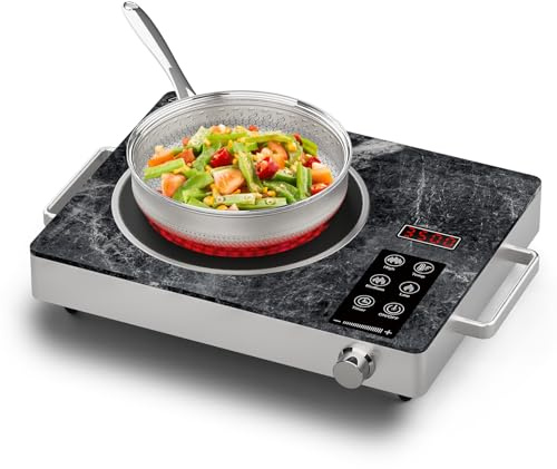 Borrallio Portatile Fornello Elettrico Singolo 3500W, Piastra Riscaldante a Infrarossi con Vetro Marmorizzato, 220V Piano Cottura Elettrico con Timer e Controllo a Manopola, Vetroceramica per Esterno