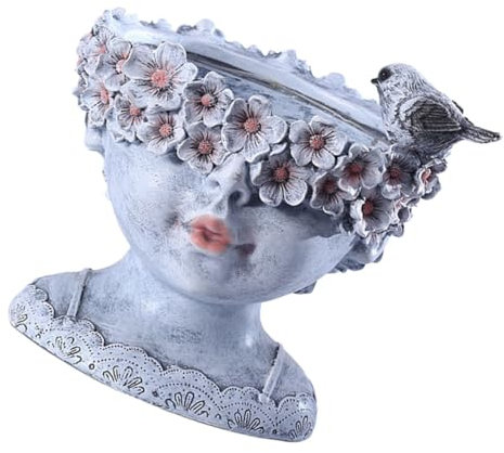TOYANDONA Pot De Fleurs Solaire Créatif Visage De Jeune Fille Moyen 25 Cm Résine Gris Décoration De Jardin Balcon Intérieur Ornement Lumineux pour Plantes Succulentes