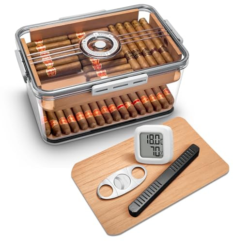 CLZOONG Humidor mit Luftbefeuchter und Hygrometer, Zedernholz, Zigarrenschneider | Luftdichte Aufbewahrungsbox für Zuhause/Büro | Transparentes Design (groß)