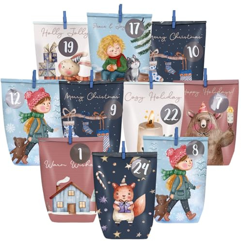 DECHISY Adventskalender Tüten zum Befüllen, 24 Diy Adventskalender zum Befüllen mit Zahlenaufklebern & Klammern, Papiertüten Weihnachtskalender Tüten für Frauen
