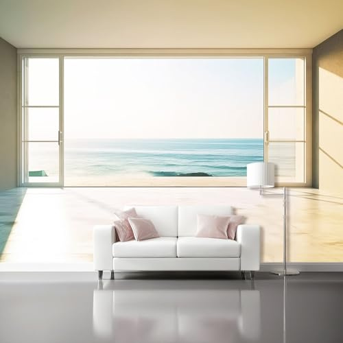 Papel Pintado Simplicidad Modernaazul Mar Ventanas De Suelo A Techo 3D Panorámico No Tejido – Fotomurales Decorativos Para Salón Dormitorio Y Oficina – Diseño Moderno Pared Del Hogar
