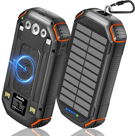 Wireless Power Bank 36000mAh with 3 Cables, Solar Power Bank USB-C 4 Output Input 15W Fast Charging Portable Charger Flashlight and Carabiner, Outdoor External Battery for Phone