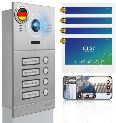 Mathfel 2-Draht IP Video-Türsprechanlage mit Türöffner – Full-HD Kamera, 10 Monitor & App-Steuerung – Smarte Video-Türklingel mit Gegensprechanlage (Silber, 4 Klingeltaster)