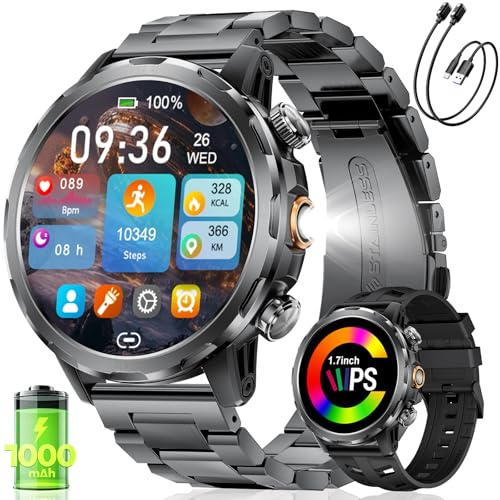 FITFLEX Smartwatch Herren Militär mit 1000 mAh, 1,70 HD Großes Touchscreen, LED Taschenlampe, Telefonfunktion Fitnessuhr mit 100+ Sportmodi, Herzfrequenz, Schlafmonitor, SpO2, IP68 für iOS Android