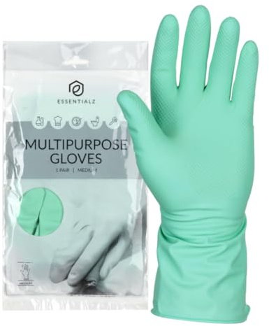 Essentialz Green Heavy Duty Latex Household Gloves, Medium, 1 Pair, Reusable, Powder-Free, Flocklined, Extra Strong Dishwashing & Cleaning Gloves with Chemical & Microorganism Protection