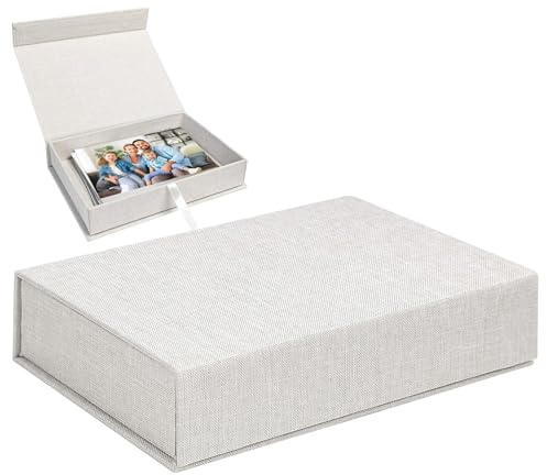 Omnikryp Caja Fotos, 17.5 x 12 x 4.3cm Cajas de Ordenacion de Lino | Cajas de Almacenamiento de Álbumes de Foto, Cierre Magnético, para Guardar Fotos, Pegatinas y Otros Objetos Pequeños (Beige)