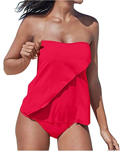 2 Piece Tankini Swimsuit for Women Swimwear Bandeau Top with Bikini Bottom Sexy Strapless Tankini Sets Tummy Control Beachwear Swimming Bathing Suits