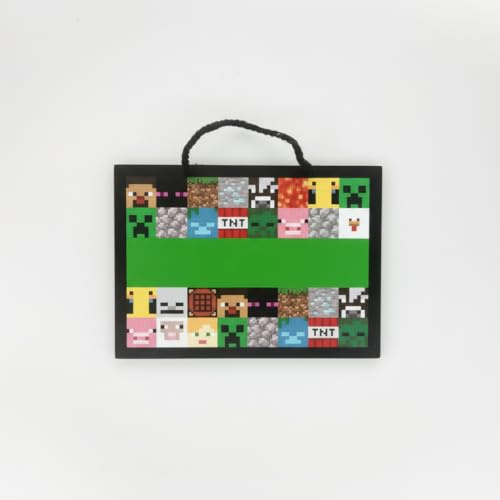 Minecraft Personalised Door Plaque Sign 23x17cm – Custom Name Kids Bedroom or Gamer Room Decor with Alphabet Sticker Sheets & Hanging Rope – Creeper, Steve, TNT and Block Pixel Game Design