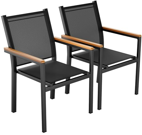 LIFERUN Trädgårdsstol set om 2, aluminium, stapelbar matrumsstol textilen, WPC-ledstång, balkongstol, för terrass, balkong, terrass, pool, restauranger, väderbeständig, svart, 2 st