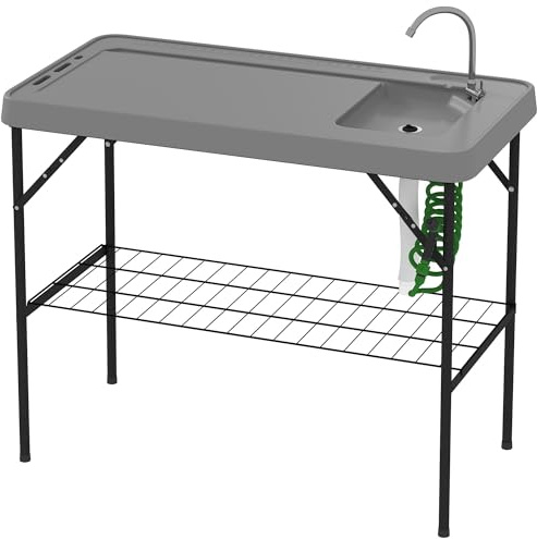 Innovative Foldable Fish-Cleaning System with Built-in Sink, Faucet, Drainage Hose, Spray Gun, Removable Shelf, Graphite Gray