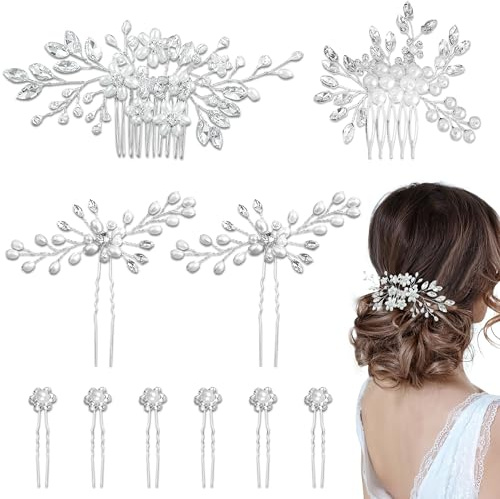 YinnFeen Accessoires Cheveux Mariage Argent, 10 Pièces Bijoux de Mariée en Perles pour Femme, Élégant Mariage Peigne de Mariée Épingles Strass pour Mariée Demoiselle d'Honneur Communion