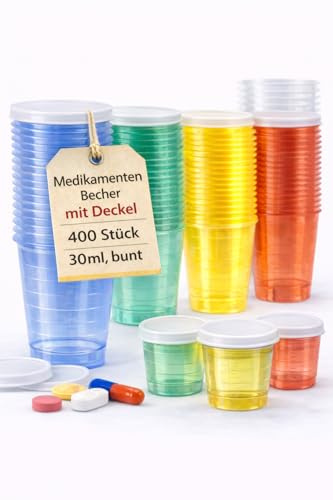 BUXMED 400 Stück Medizinbecher 30 ml (je 80 Stück transparent, rot, grün, blau, gelb) mit Deckel, Medikamentenbecher mit Skala, Mini Messbecher, Medizinbecher 30ml, Probenbecher Kunststoff